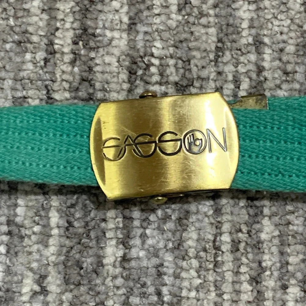 VTG 80s Sasson Green Belt Logo Canvas‎ Gold Buckle Casual Adjustable Womens 36